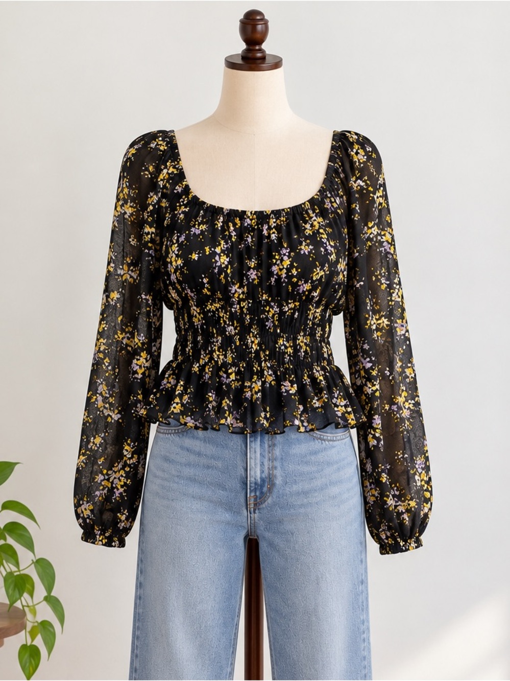 Design Lab Black Floral Smocked Peplum Blouse M Romantic Boho Coquette